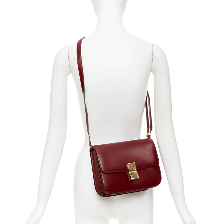 CELINE Classic Box burgundy smooth leather gold clasp crossbody messenger bag