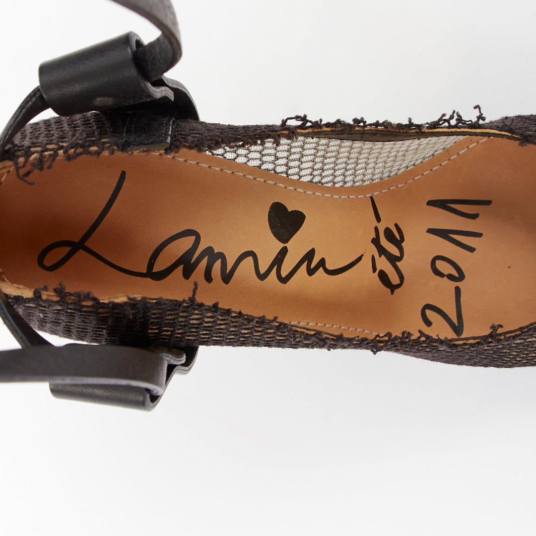 LANVIN 2011 Runway black fishnet mesh ankle harness pin platform heels EU37