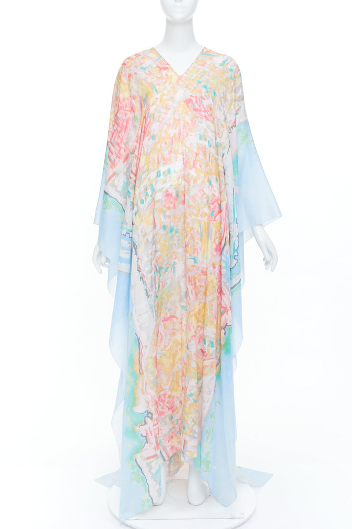 CHANEL 2011 Runway abstract watercolor silk cotton mix caftan maxi dress OS