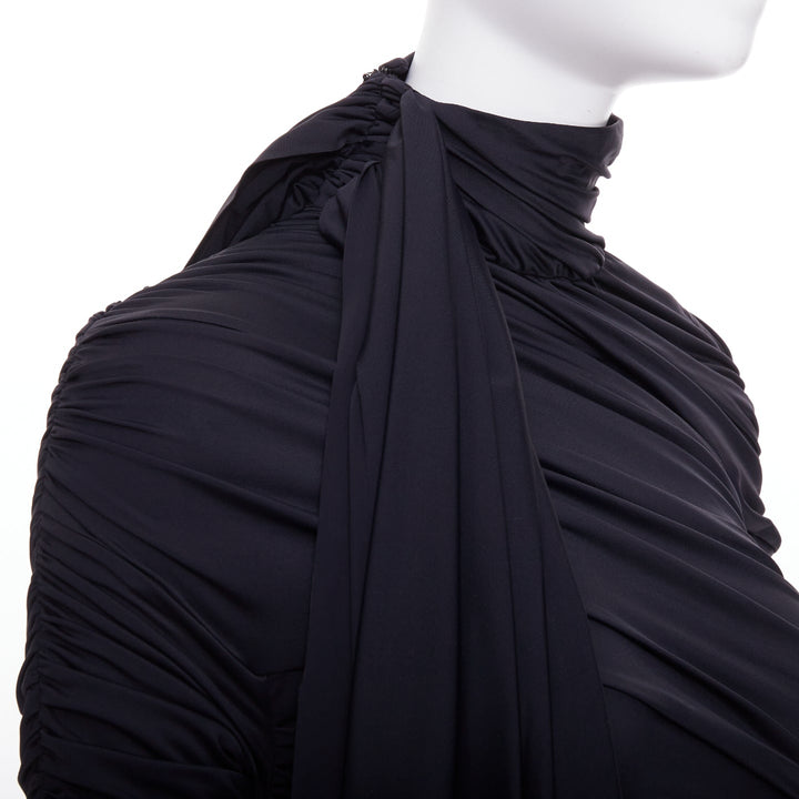 BALENCIAGA Demna 2021 Runway black gathered knot draped long train gown FR36 S