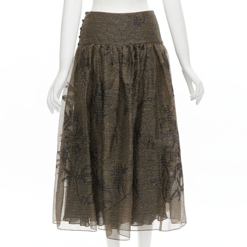 CHRISTIAN DIOR 2021 linen silk gold black leaf pattern faille full skirt FR36 XS