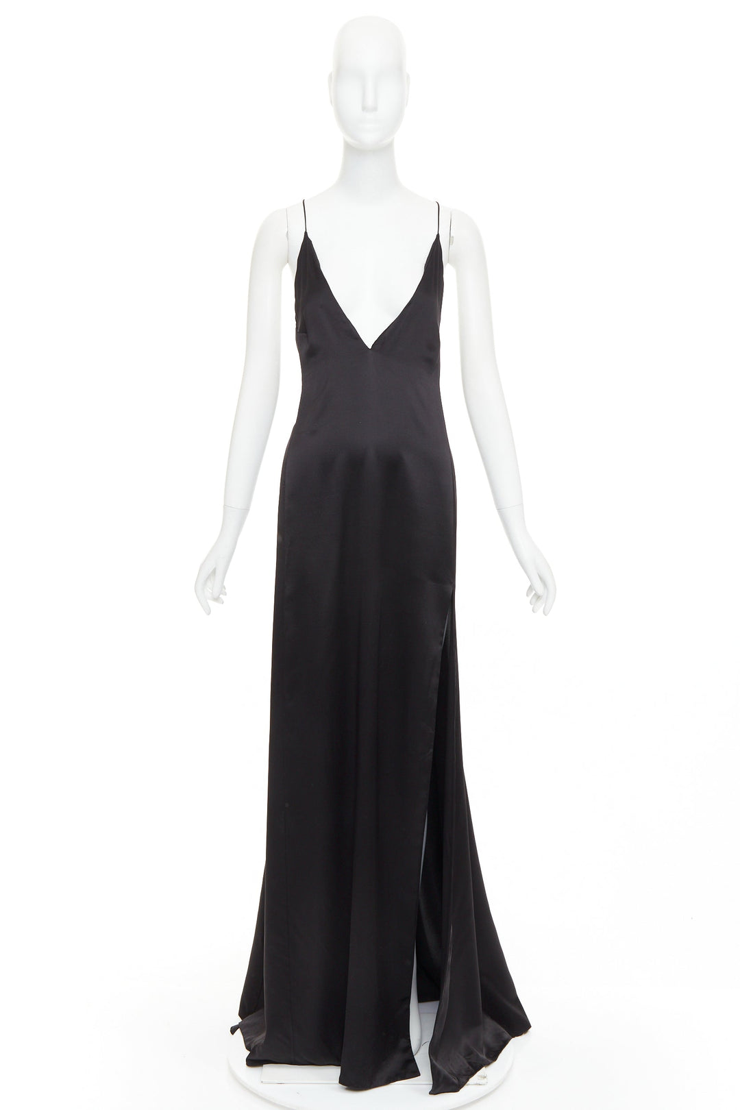 SAINT LAURENT 2022 black 100% silk plunge V neck open back high slit gown FR38 M