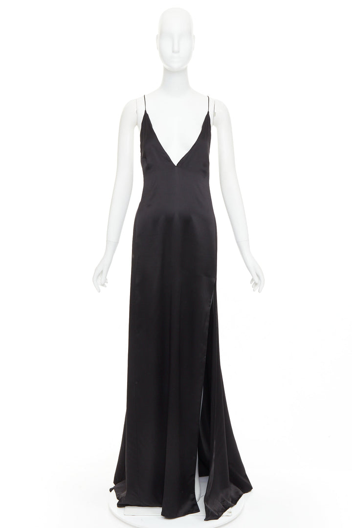 SAINT LAURENT 2022 black 100% silk plunge V neck open back high slit gown FR38 M
