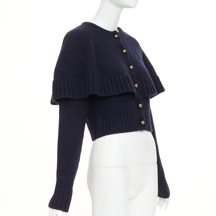 CHLOE 2024 Runway navy wool cashmere bronze globe buttons cape cardigan XS
