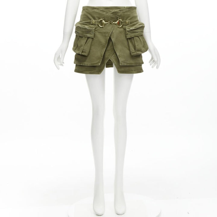 BALMAIN gold tone horsebit buckle green distressed cargo mini skirt FR34 XS