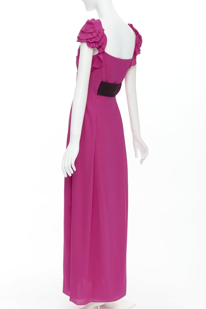 ESCADA Vintage fuchsia pink black silk rose applique midi gown FR34 XS
