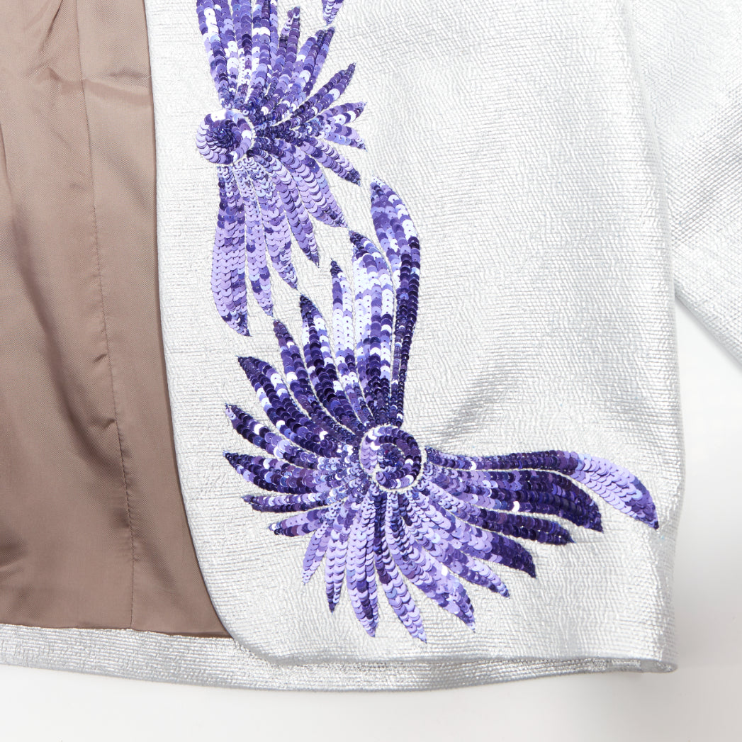DRIES VAN NOTEN 2016 Runway metallic silver purple sequin wing blazer FR34 XS