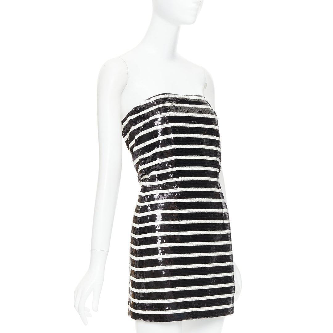 VERONICA BEARD Cala black white striped sequin strapless corseted dress US0 XS