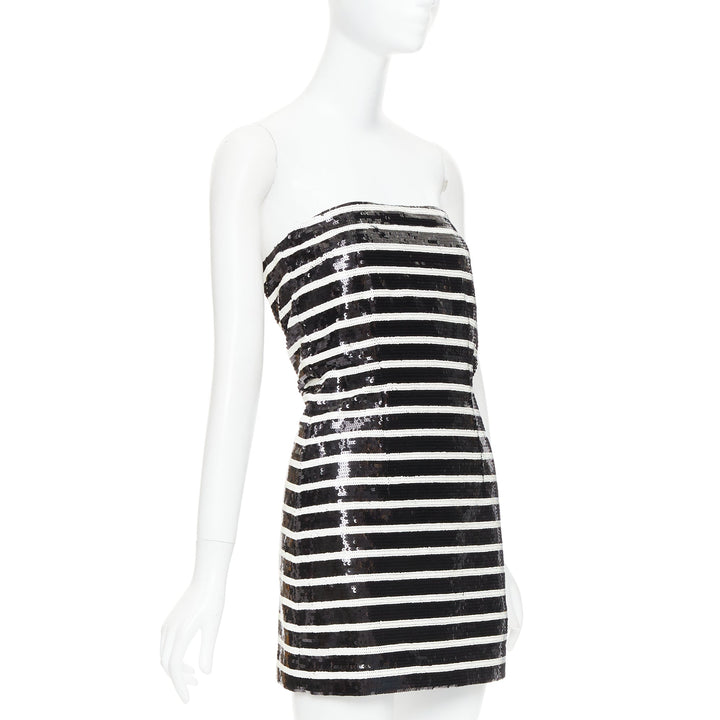 VERONICA BEARD Cala black white striped sequin strapless corseted dress US0 XS