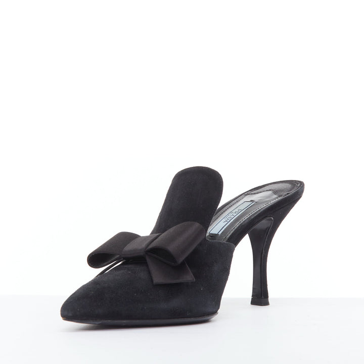 PRADA black satin bow front suede leather pointy mules EU39