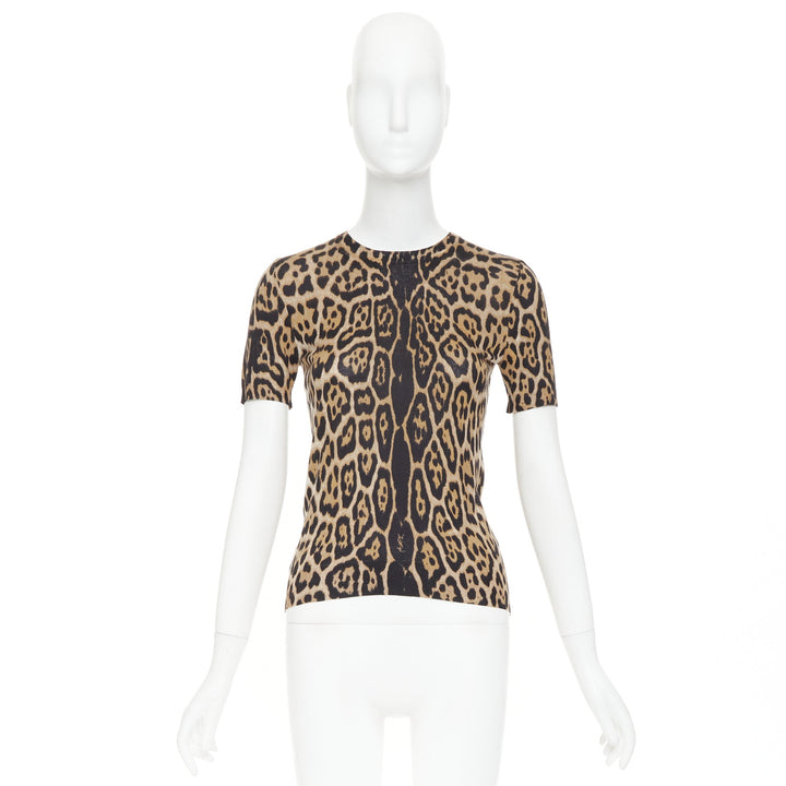 YVES SAINT LAURENT brown cashmere silk leopard logo crew knit sweater top S