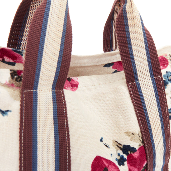 MARNI cream canvas pink floral print brown web trim casual tote bag