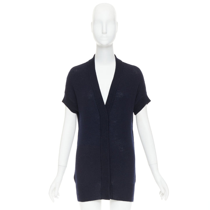 PRADA 100% virgin wool navy blue short sleeve snap button V-neck cardigan IT40 S