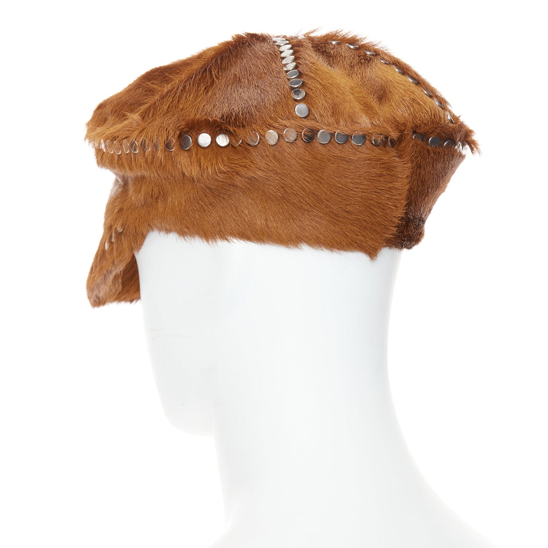 PRADA Runway cognac dyed calf fur silver studded cotton lined newsboy hat M