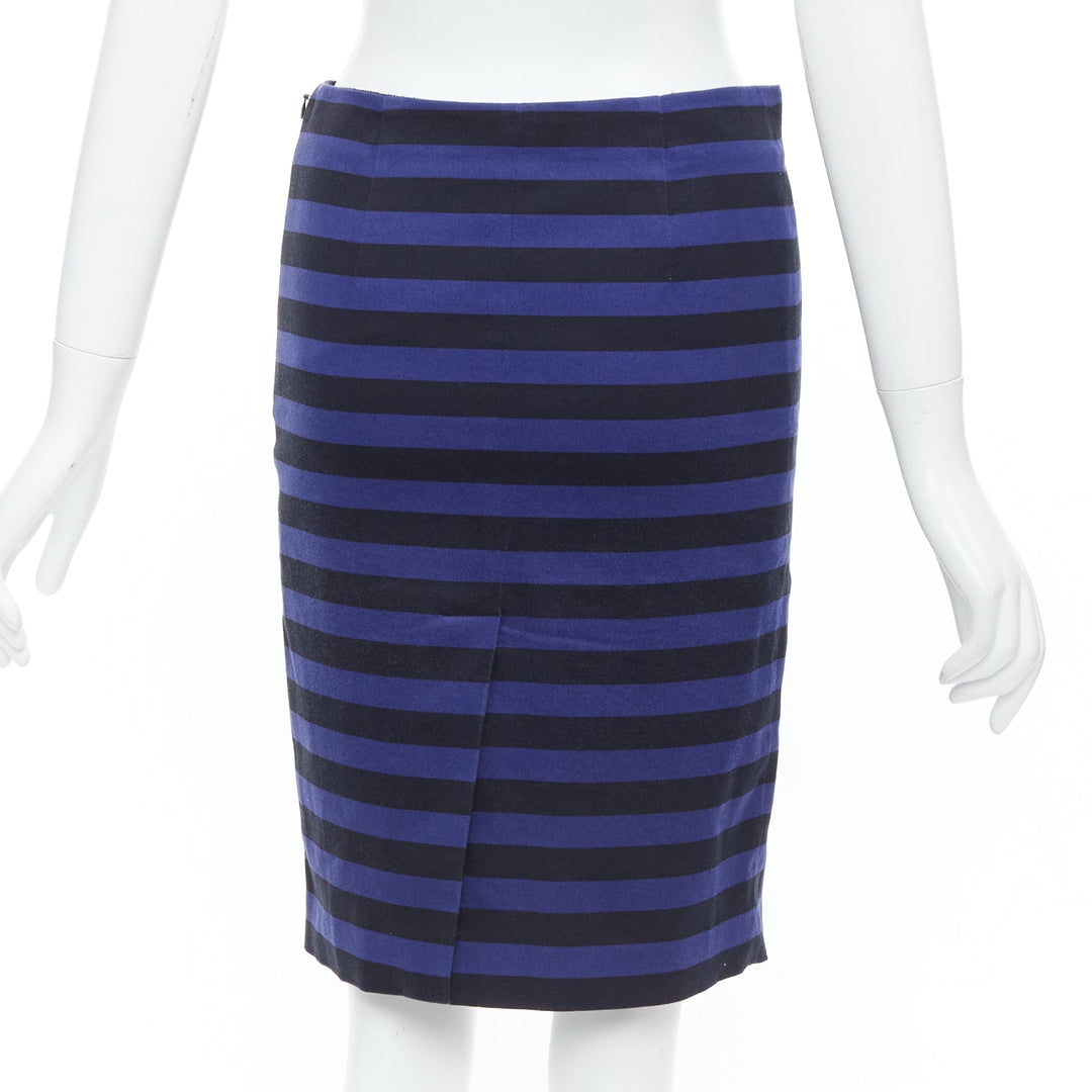 PRADA blue black striped back slit waist darts pencil skirt IT38 S