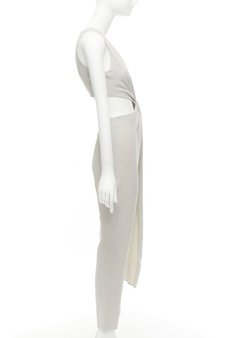 HALSTON HERITAGE grey cut out drape waist asymmetric cropped jumpsuit US0 XS