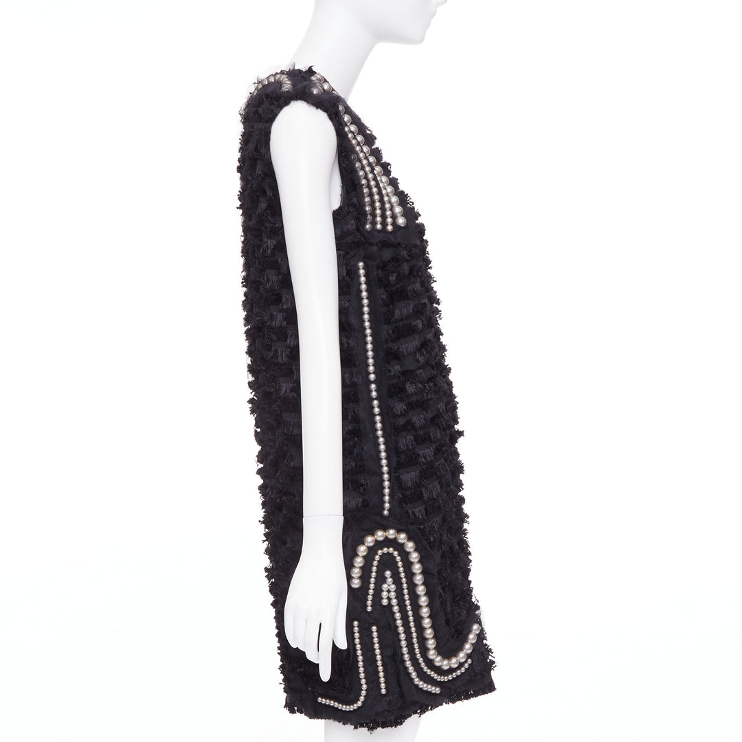 LANVIN 2015 black pearl mesh embellished eyelash fringe silk lined dress FR36 S