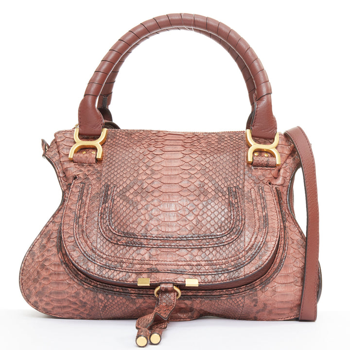 CHLOE Marcie Medium reddish brown snakeskin gold hardware satchel handbag