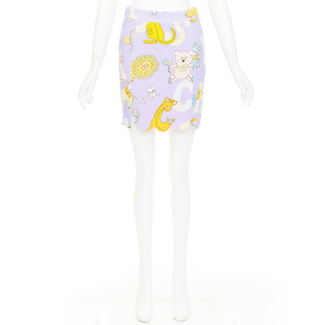 MOSCHINO COUTURE! 2022 Runway Calico Animals purple scallop mini skirt IT42 M