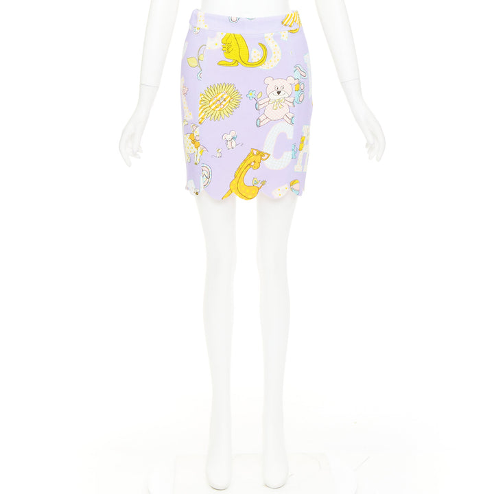 MOSCHINO COUTURE! 2022 Runway Calico Animals purple scallop mini skirt IT42 M