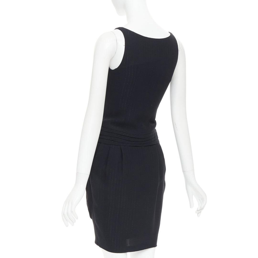 BALMAIN black lurex pinstripe ruched front scoop neck curvy mini dress FR36 S