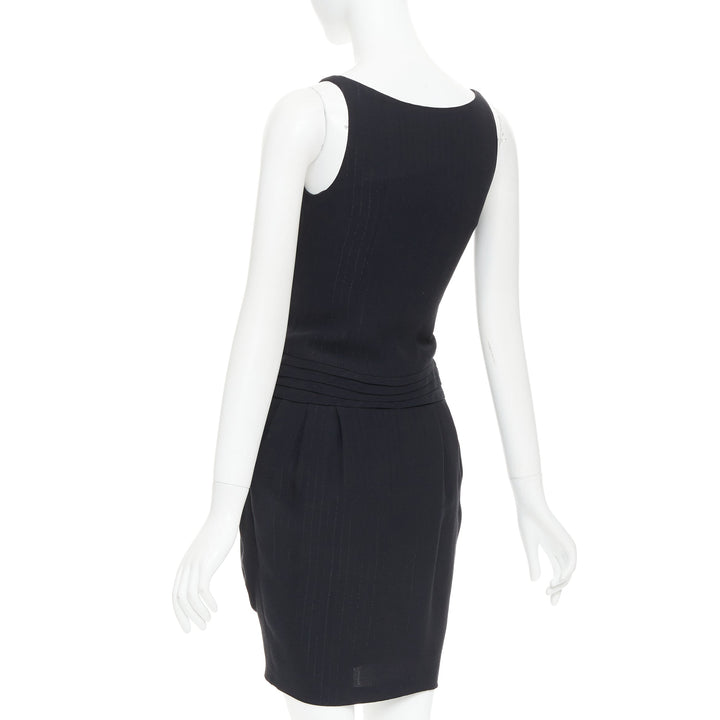 BALMAIN black lurex pinstripe ruched front scoop neck curvy mini dress FR36 S