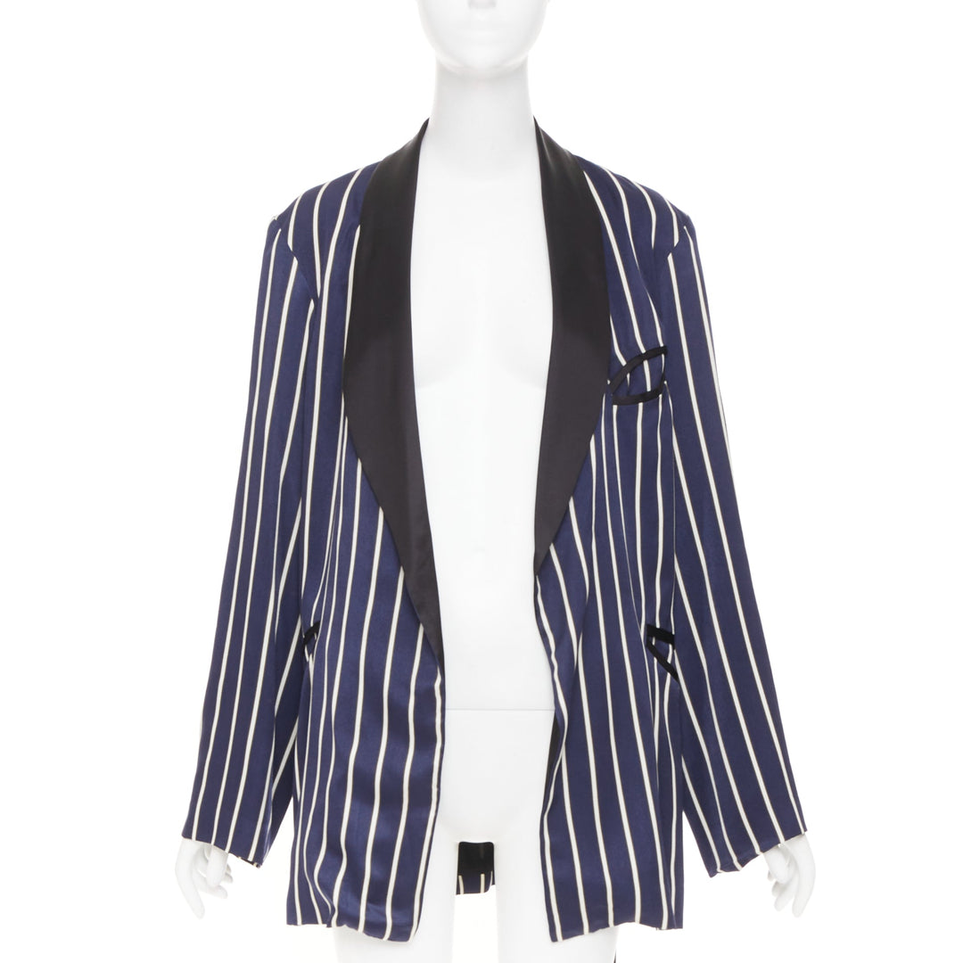 RAEY navy white stripe silk trim belted kimono smoking pajama tux jacket UK8 S