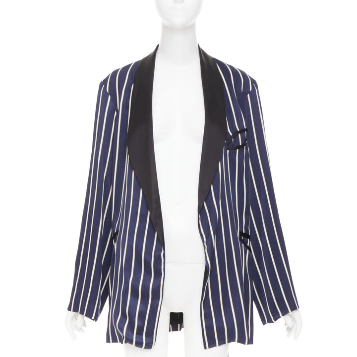 RAEY navy white stripe silk trim belted kimono smoking pajama tux jacket UK8 S