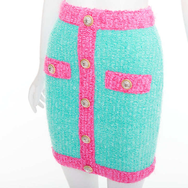 BALMAIN turquoise pink gold button embellished boucle skirt FR34 XS
