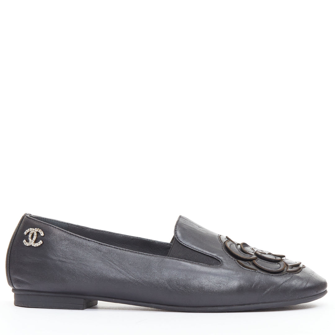 CHANEL black leather silver CC logo camellia flat loafer EU36.5