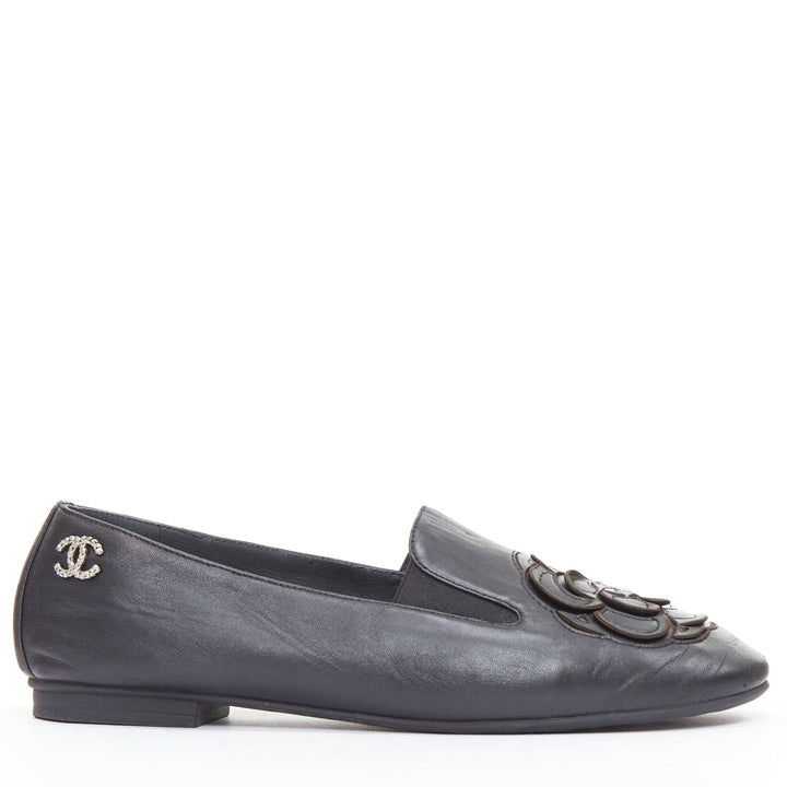 CHANEL black leather silver CC logo camellia flat loafer EU36.5