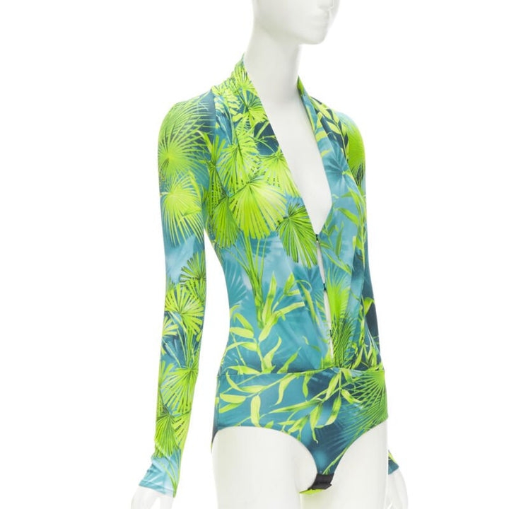 Runway VERSACE Jlo Jungle print green viscose plunge neck bodysuit IT36 XS