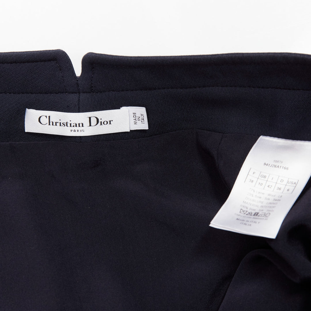 CHRISTIAN DIOR navy wool silk box pleat belted waistband skirt FR38 M