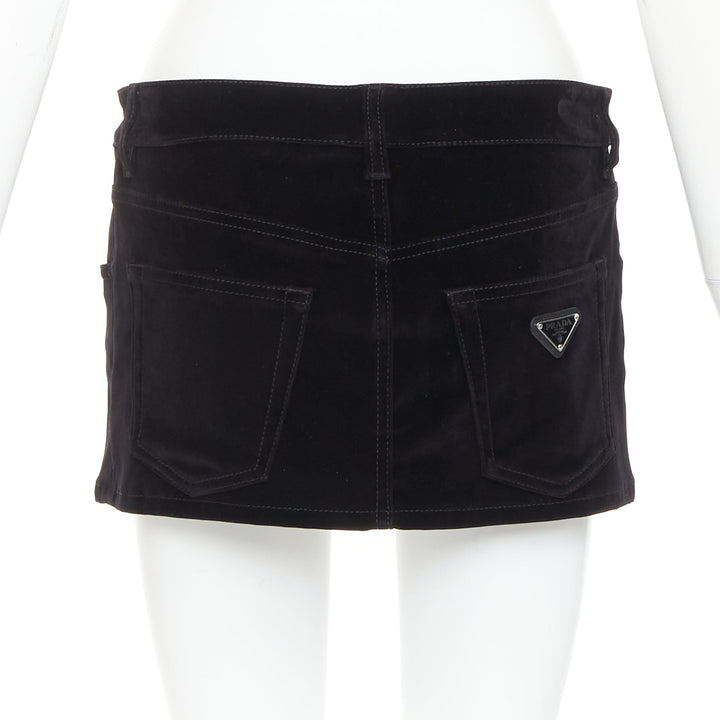 PRADA 2023 black velvet denim silver triangle logo low rise mini skirt IT40 S