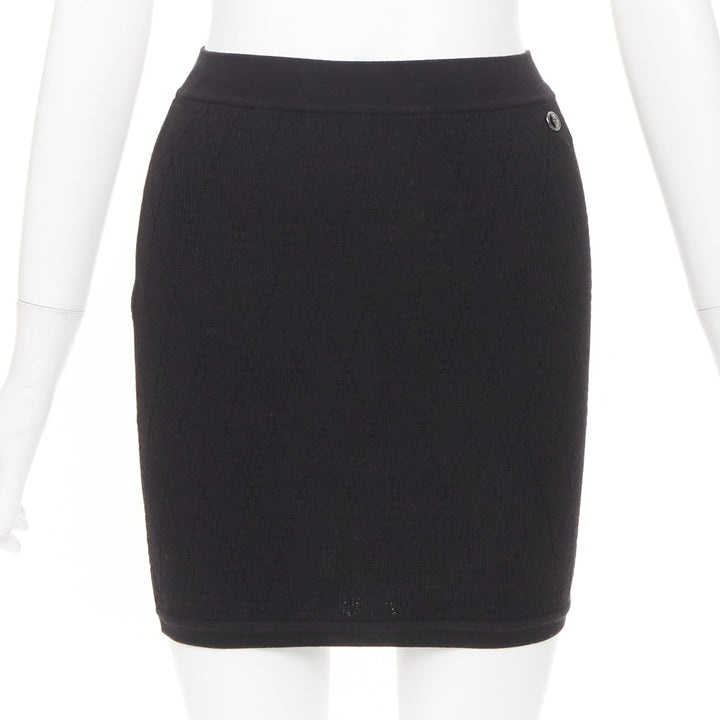 CHANEL black cotton diamond stitch knit cc resin logo button skirt FR34 XS
