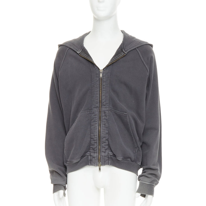 HAIDER ACKERMANN grey washed cotton raglan pocketed zip up hoodie top S