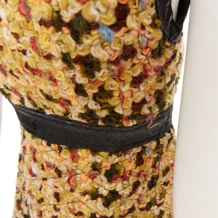 LOUIS VUITTON 2014 Runway yellow quilted tweed boucle black patent dress FR38 M