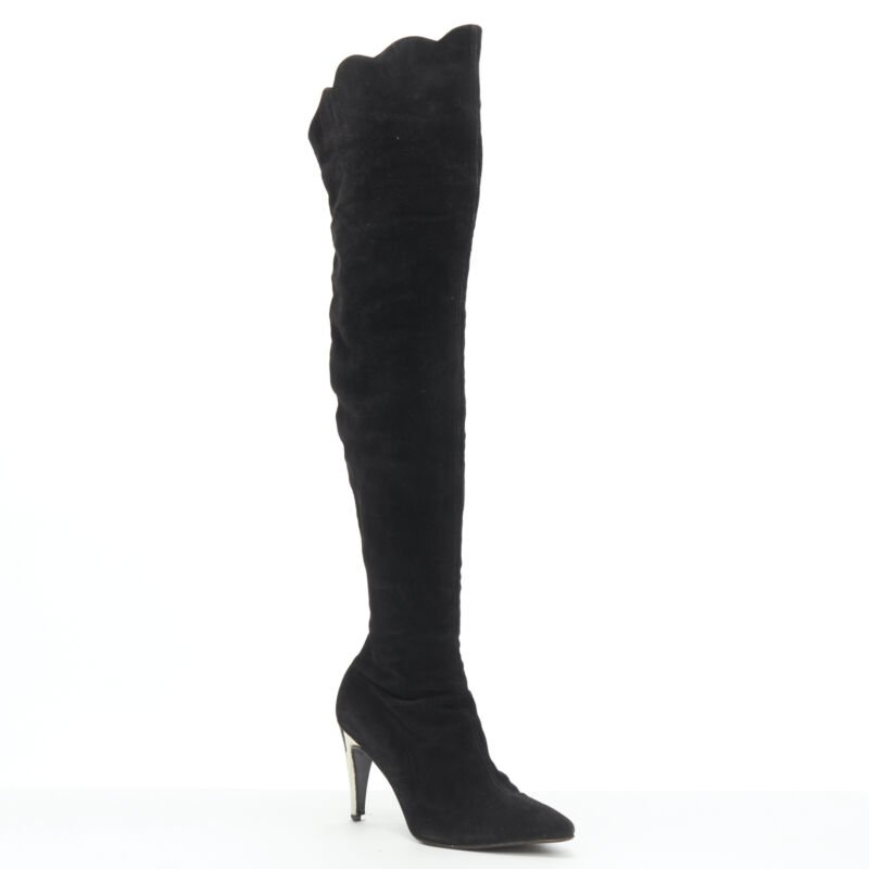 GIANNI VERSACE black suede scalloped topline gold heel knee high boot EU37