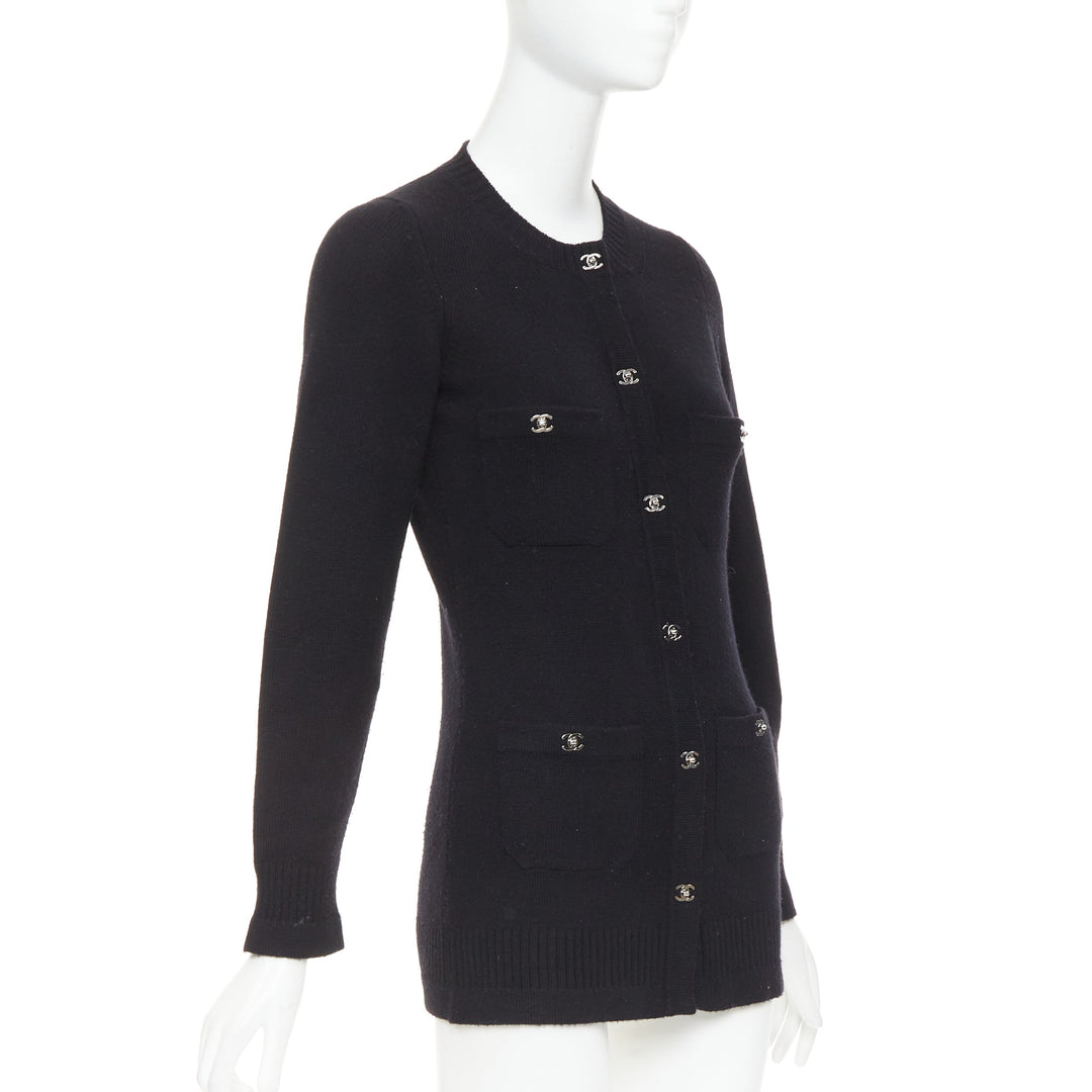 CHANEL 100% cashmere black silver-tone CC turnlock 4 pocket cardigan FR34 XS