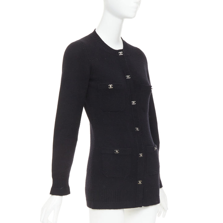 CHANEL 100% cashmere black silver-tone CC turnlock 4 pocket cardigan FR34 XS