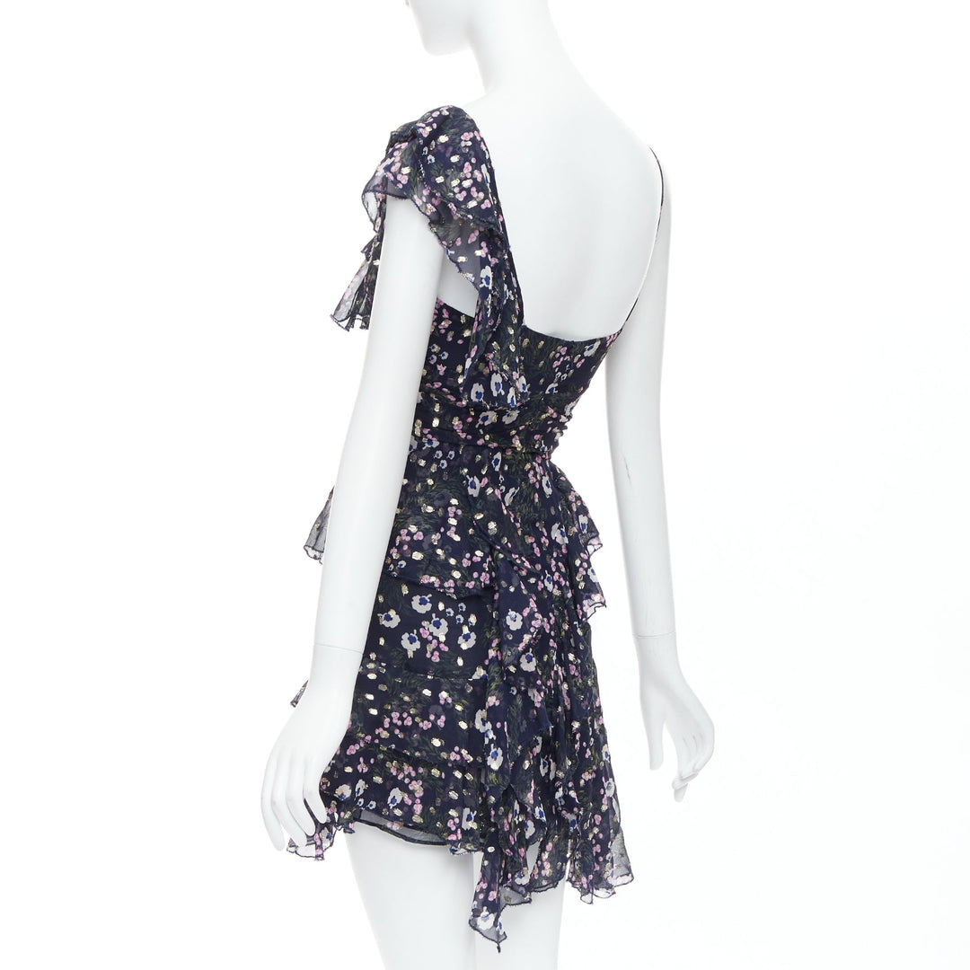 ISABEL MARANT Manda navy silk metallic floral asymmetric ruffle dress FR34 XS