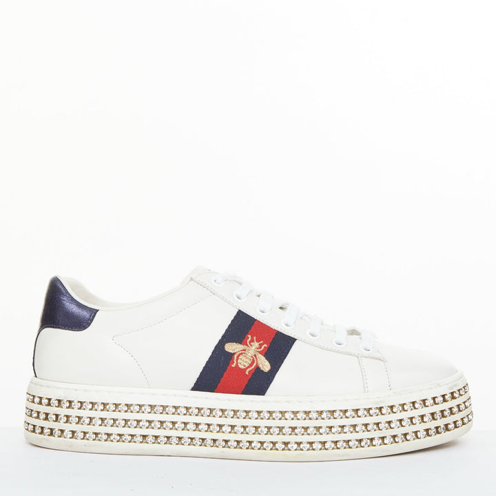 GUCCI 2018 New Ace Crystal Bee embroidered white leather platform sneakers EU38