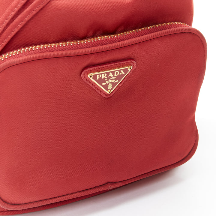 PRADA red nylon gold triangle plate drawstring bucket crossbody shoulder bag