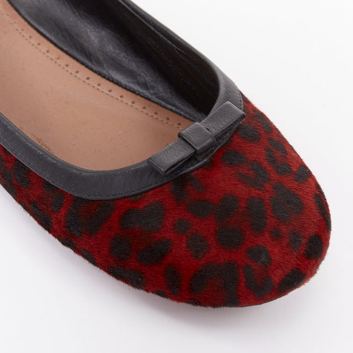 ALAIA red calf hair leopard print black leather trim ballet flats EU37.5