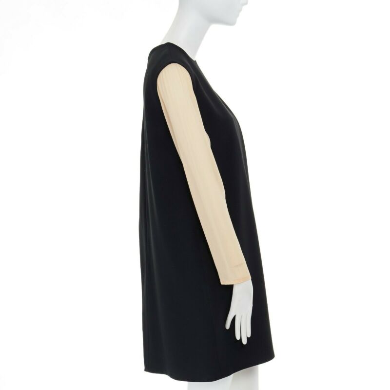 CELINE Phoebe Philo nude black asymmetric layered silk sleeve shift dress FR38