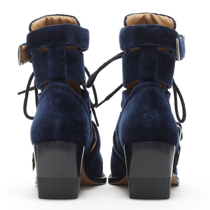 CHLOE Rylee blue velvet buckle strap lace up cut out ankle boots EU37