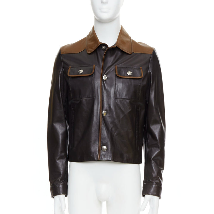 PRADA 2014 Runway brown tan bicolor lambskin pocket cropped jacket IT48 M