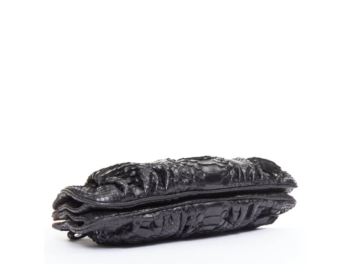 ZAGLIANI glossy black scaled leather framed turnlock evening clutch bag