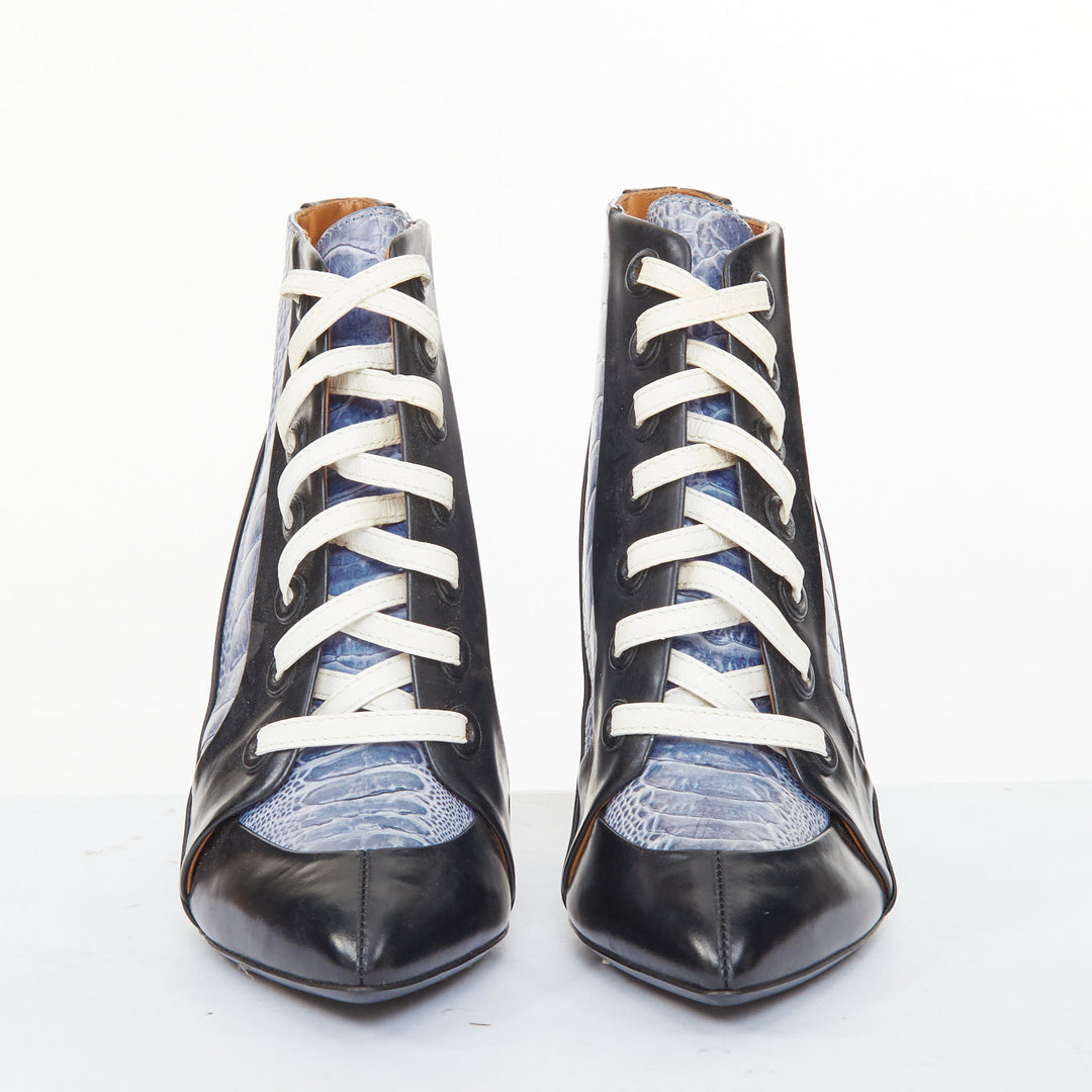 BALENCIAGA 2012 Runway blue emboss black leather lace up high heel booties EU36