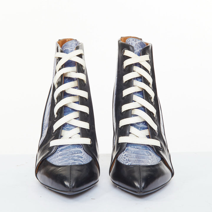 BALENCIAGA 2012 Runway blue emboss black leather lace up high heel booties EU36
